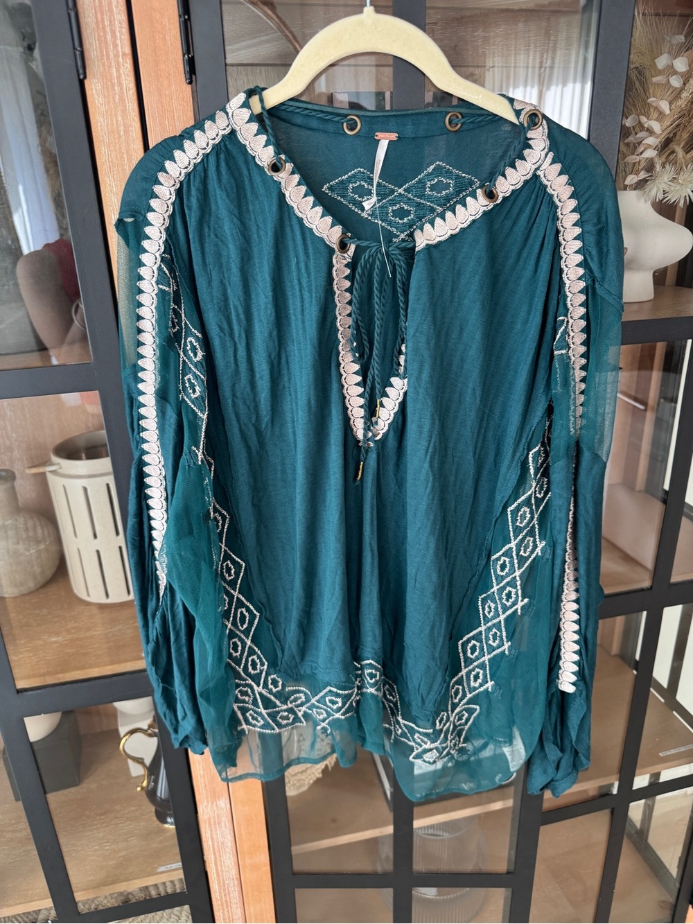 Free People Eden Boho blouse teal top peasant Embroidered Mesh grommets indie